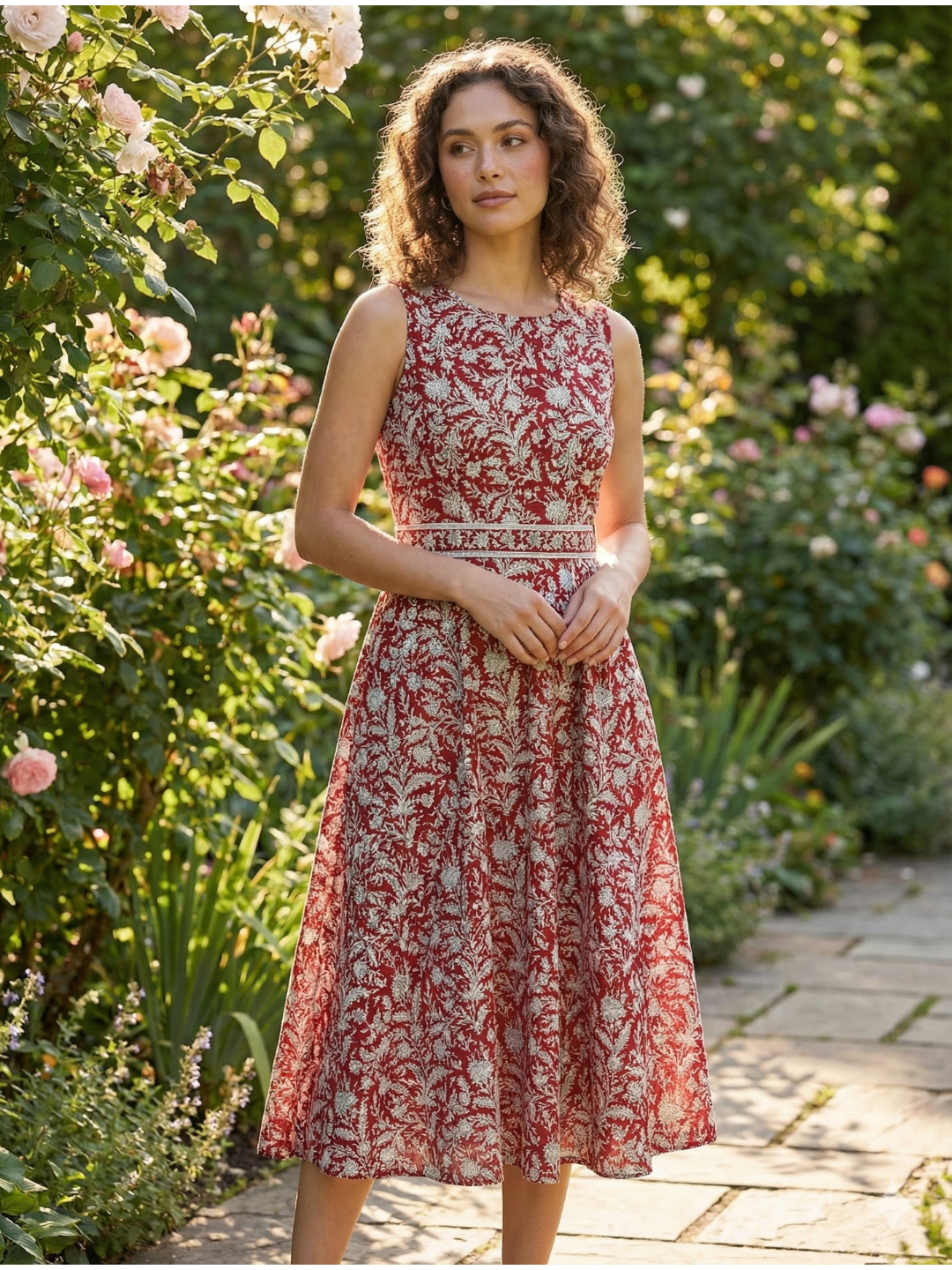 Elena Women's Flowy Dress with Belt in Maroon Nimbu