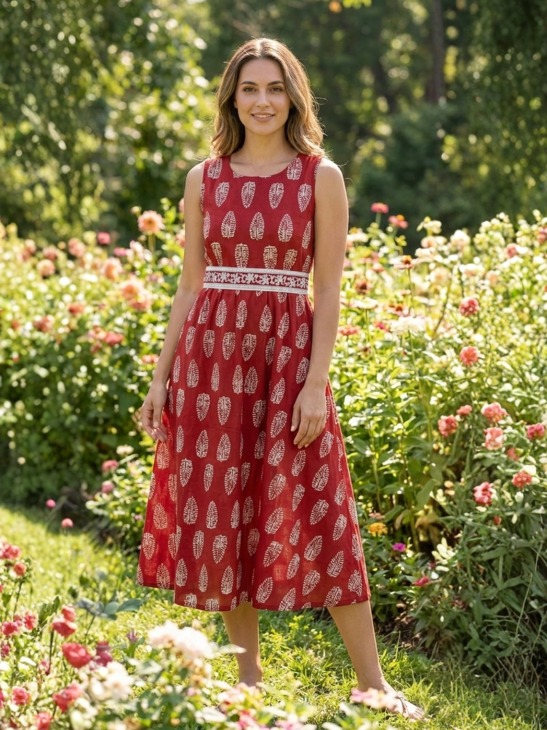 Elena Women's Flowy Dress with Belt in Red Booti Nimbu