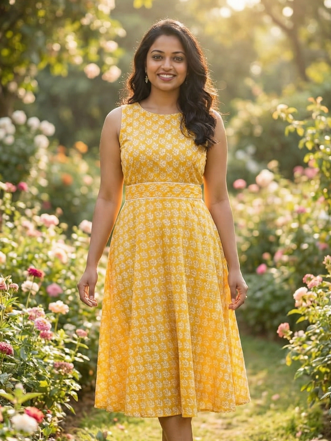 Elena Women's Flowy Dress with Belt in Yellow Nimbu
