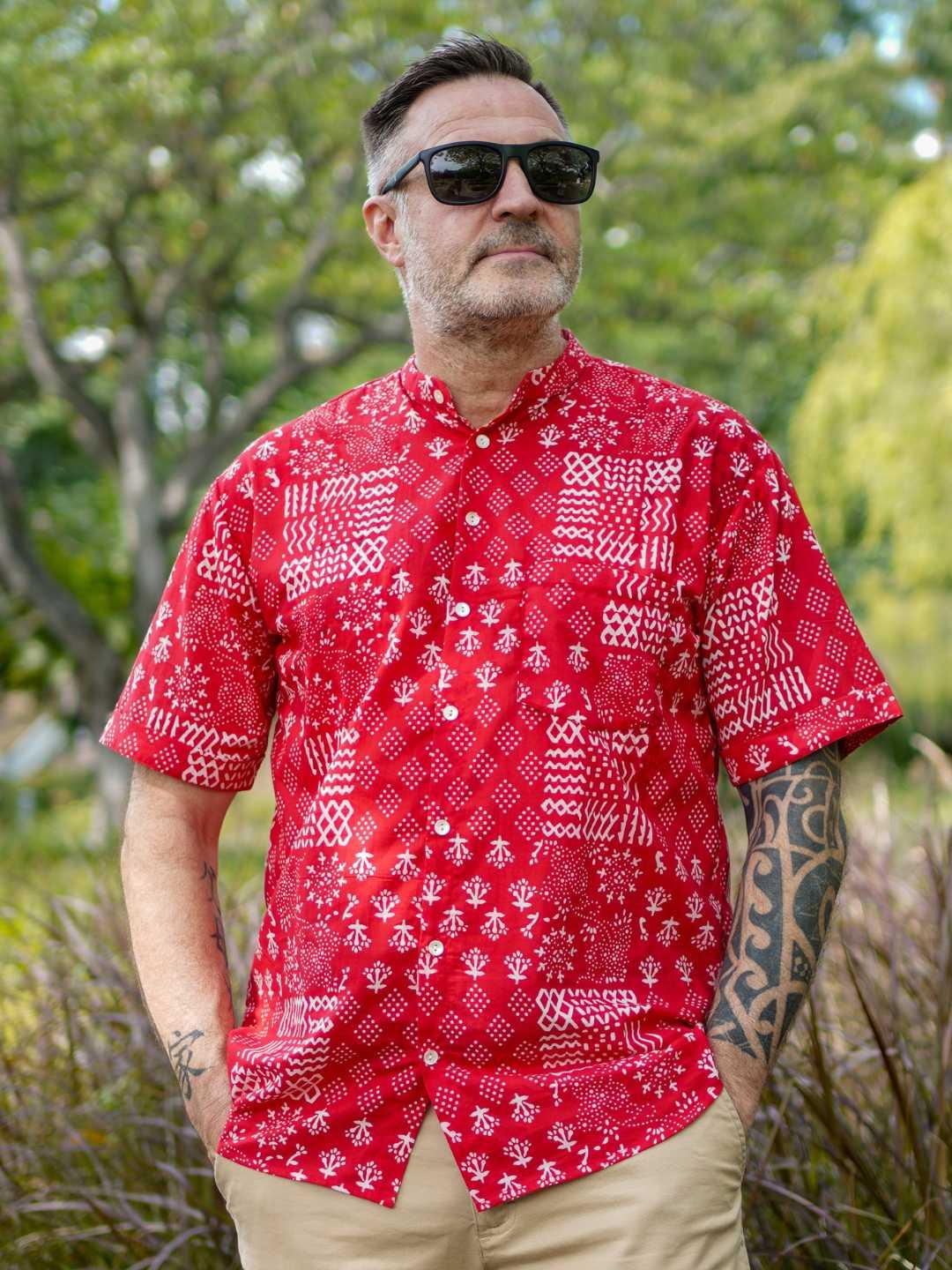 Ember Red Men Mandarin Shirt in Cotton