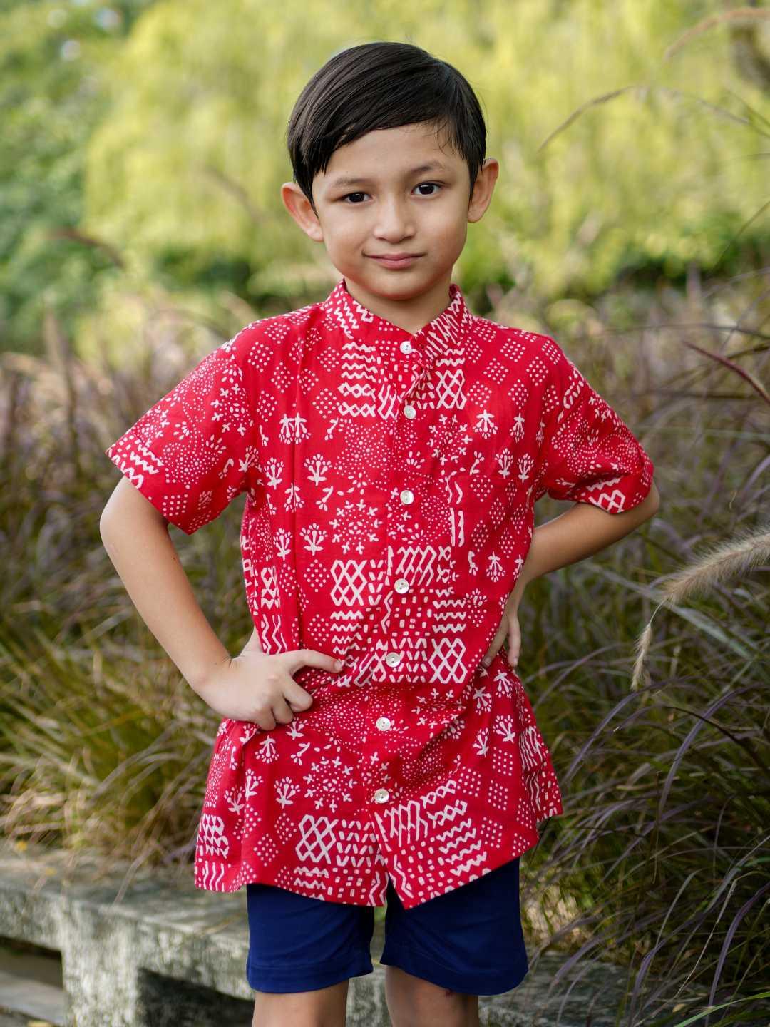 Ember Red Boys Mandarin Shirt in Cotton