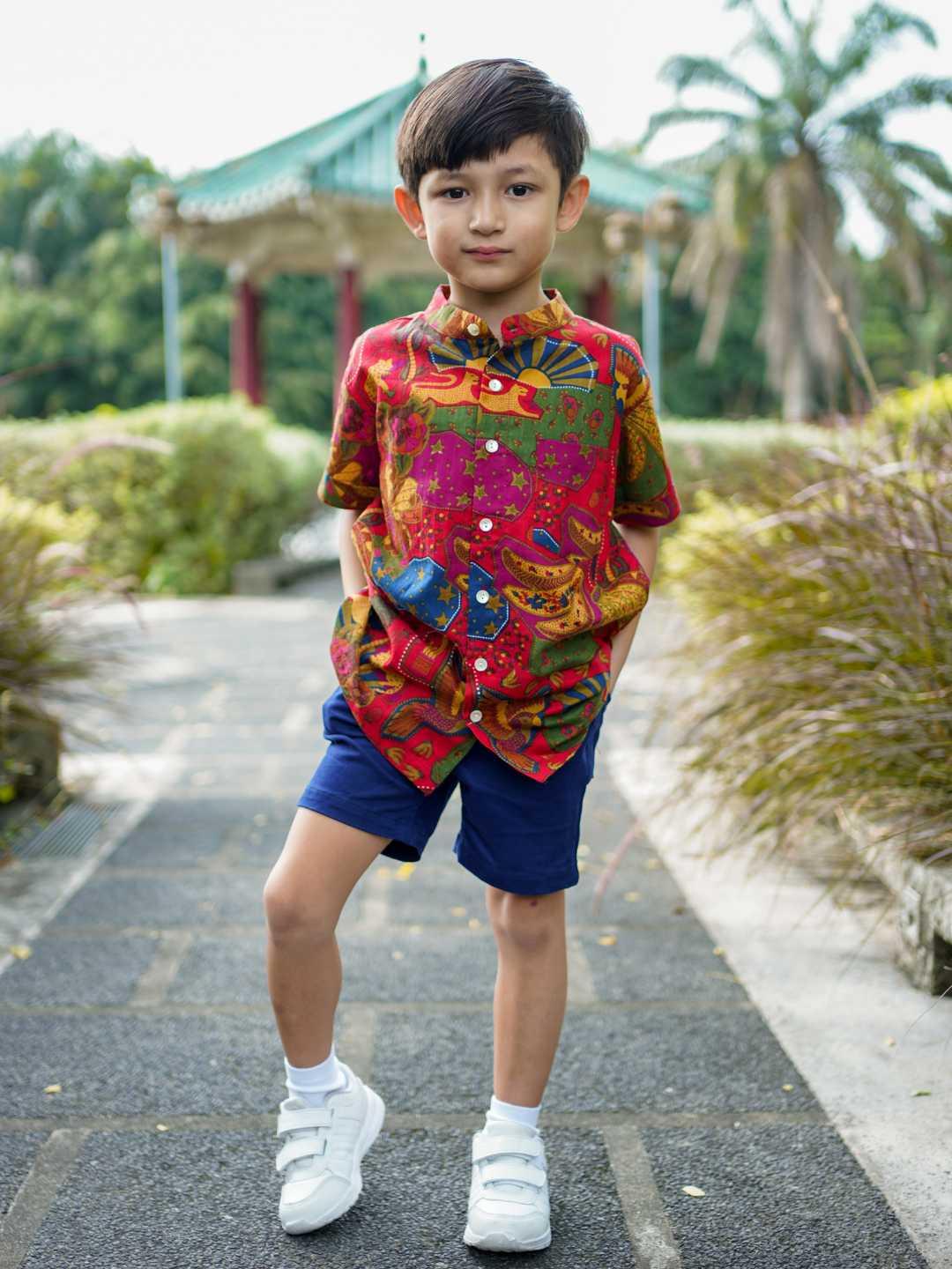 Red Boys Mandarin Shirt in Cotton