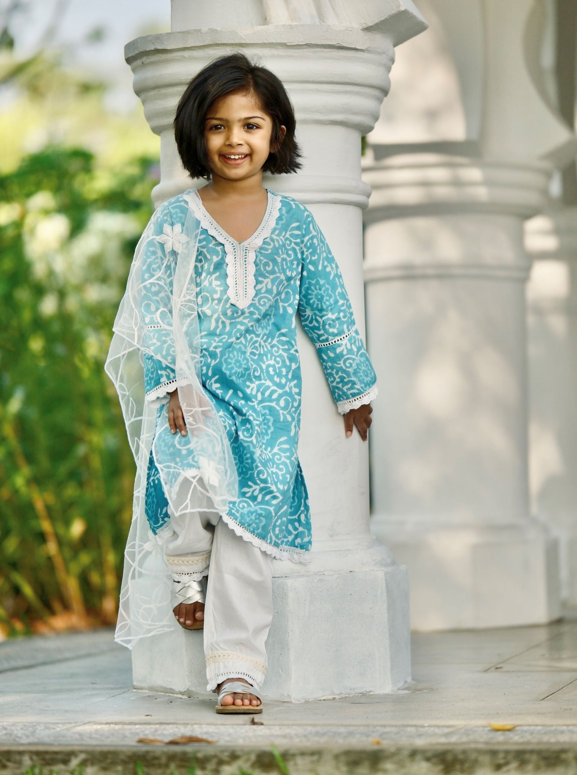 'Meher' Girls Blue Kurti, Pants with Lace Work and Embroidered White Net Scarf Set