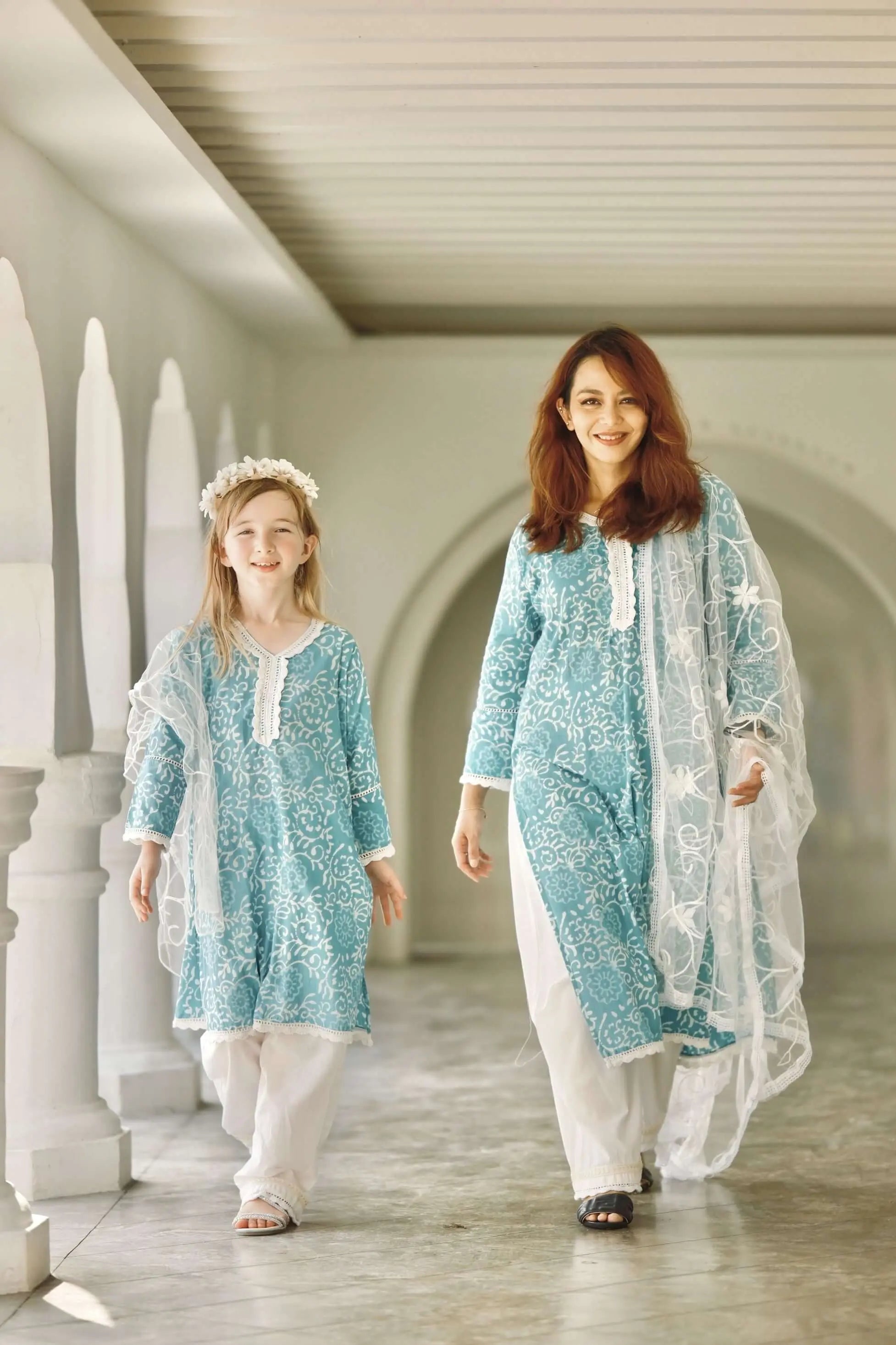 'Meher' Girls Blue Kurti, Pants with Lace Work and Embroidered White Net Scarf Set Nimbu