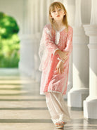 'Meher' Girls Pink Kurti, Pants with Lace Work and Embroidered White Net Scarf Set