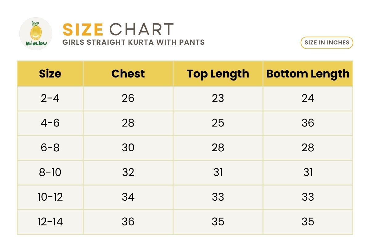 Size guide for Gul Pink Girls Kurti with Pants Set in Cotton with Net Dupatta