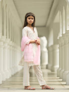 Gul Pink Girls Kurti with Pants Set in Cotton with Net Dupatta Nimbu