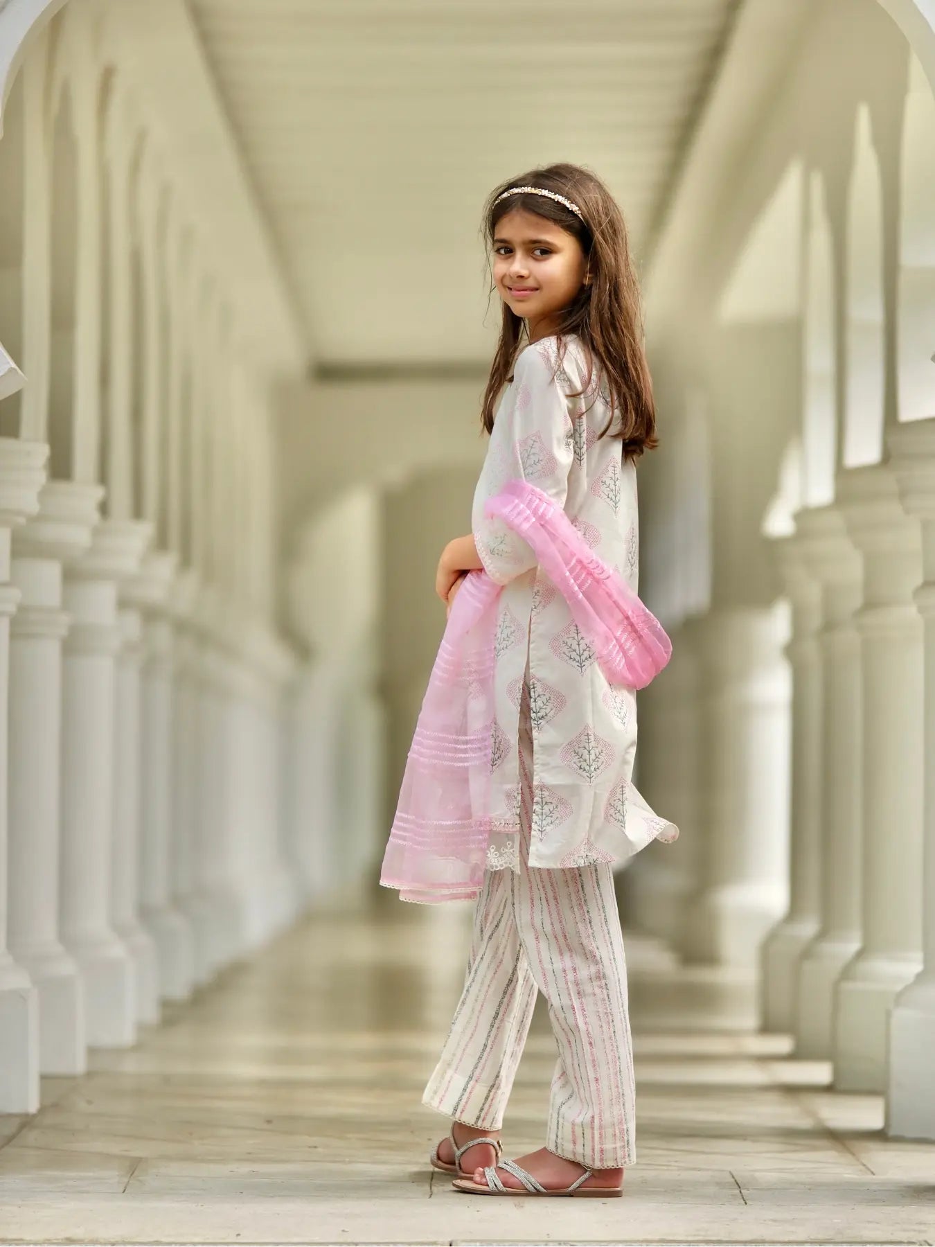 Gul Pink Girls Kurti with Pants Set in Cotton with Net Dupatta Nimbu