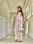 Gul Pink Girls Kurti with Pants Set in Cotton with Net Dupatta Nimbu