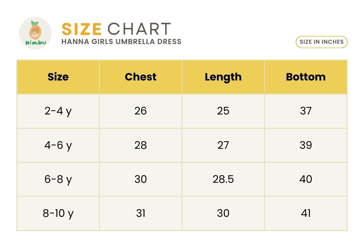 Size guide for Hanna Pink Girls Umbrella Dress in Flex Cotton