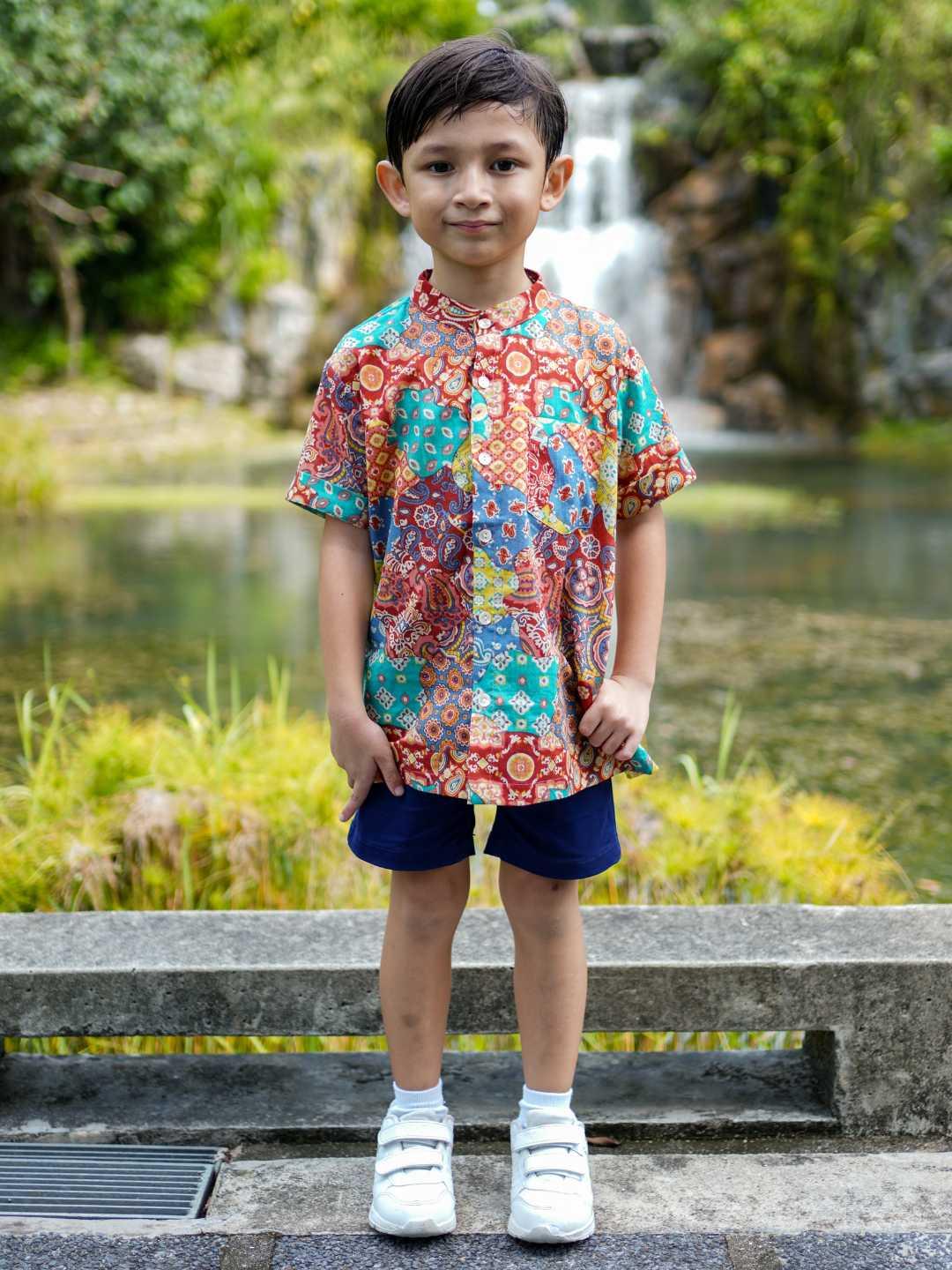 Multicolor Kids Boys Mandarin Shirt in Cotton