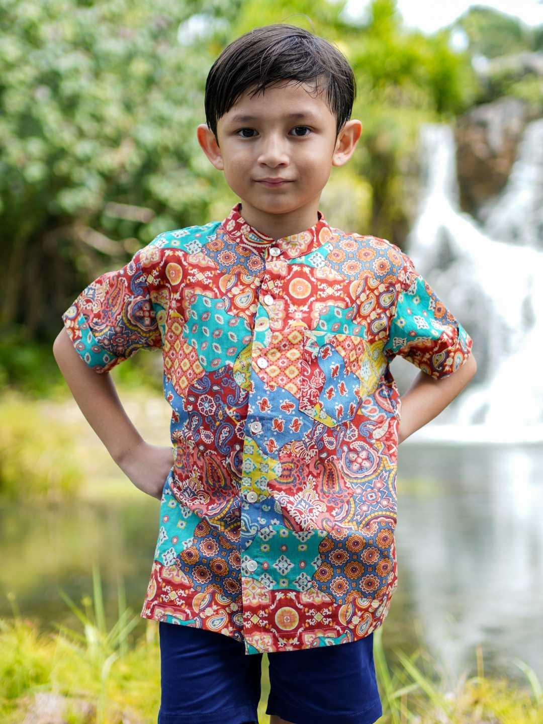 Multicolor Kids Boys Mandarin Shirt in Cotton