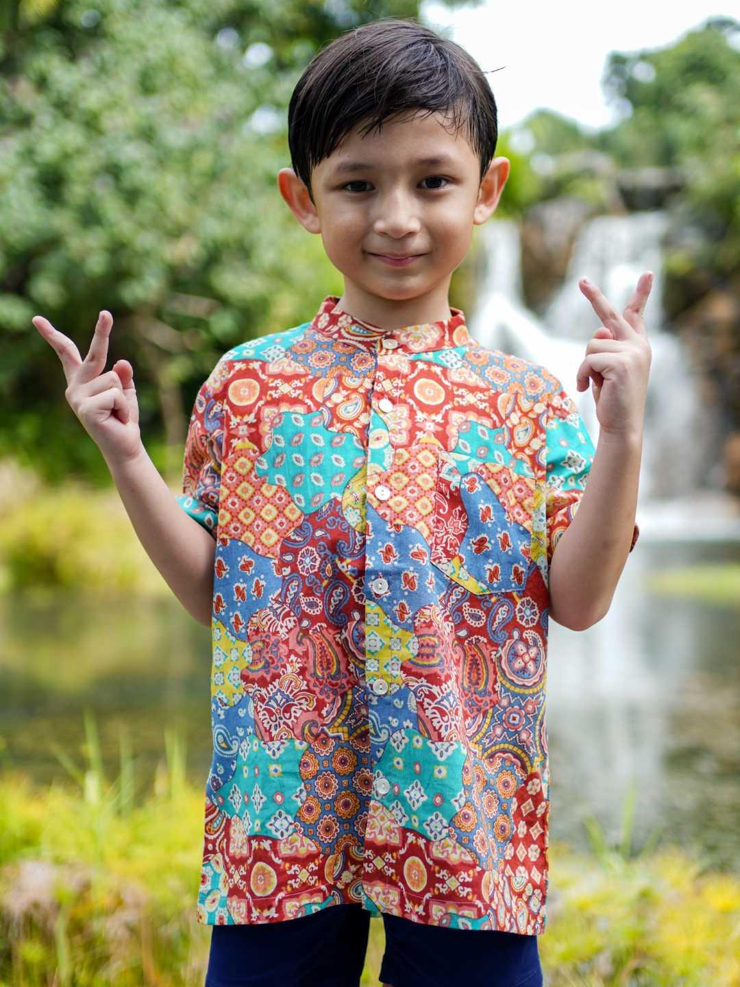 Multicolor Kids Boys Mandarin Shirt in Cotton