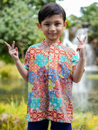 Multicolor Kids Boys Mandarin Shirt in Cotton