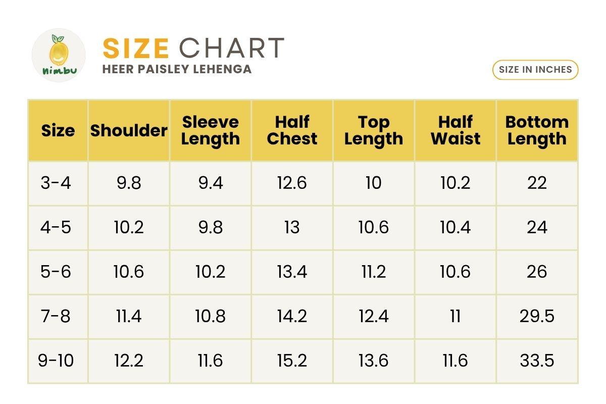 Size guide for Heer Paisley Pink Lehenga with Angrakha Choli & Dupatta Set