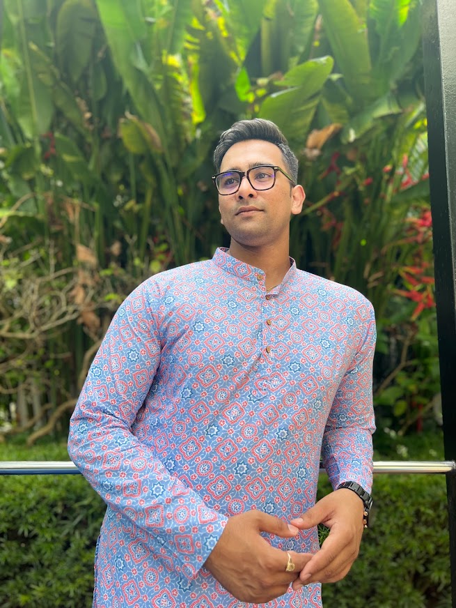 'Fida' Peranakan inspired Men's Kurta Pajama in Blue & Red Nimbu Singapore
