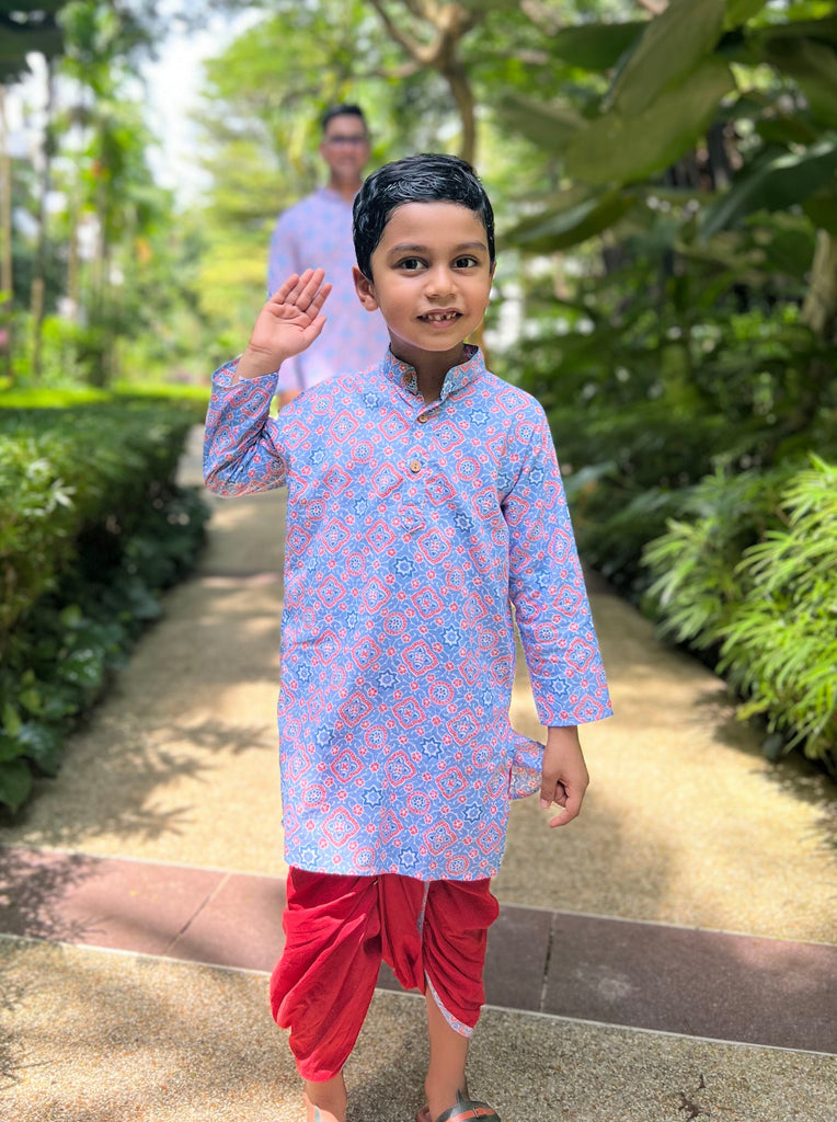 'Fida' Peranakan Inspired Boys Kurta Dhoti in Blue & Red Nimbu Kids Singapore