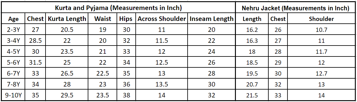 Kurta Pajama size chart