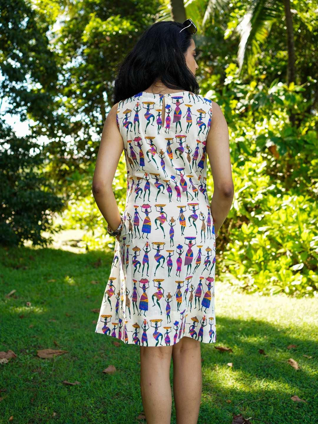 Azure sleeveless A-line dress with colorful folk story print, made from sustainable cotton, casual women's summer style.