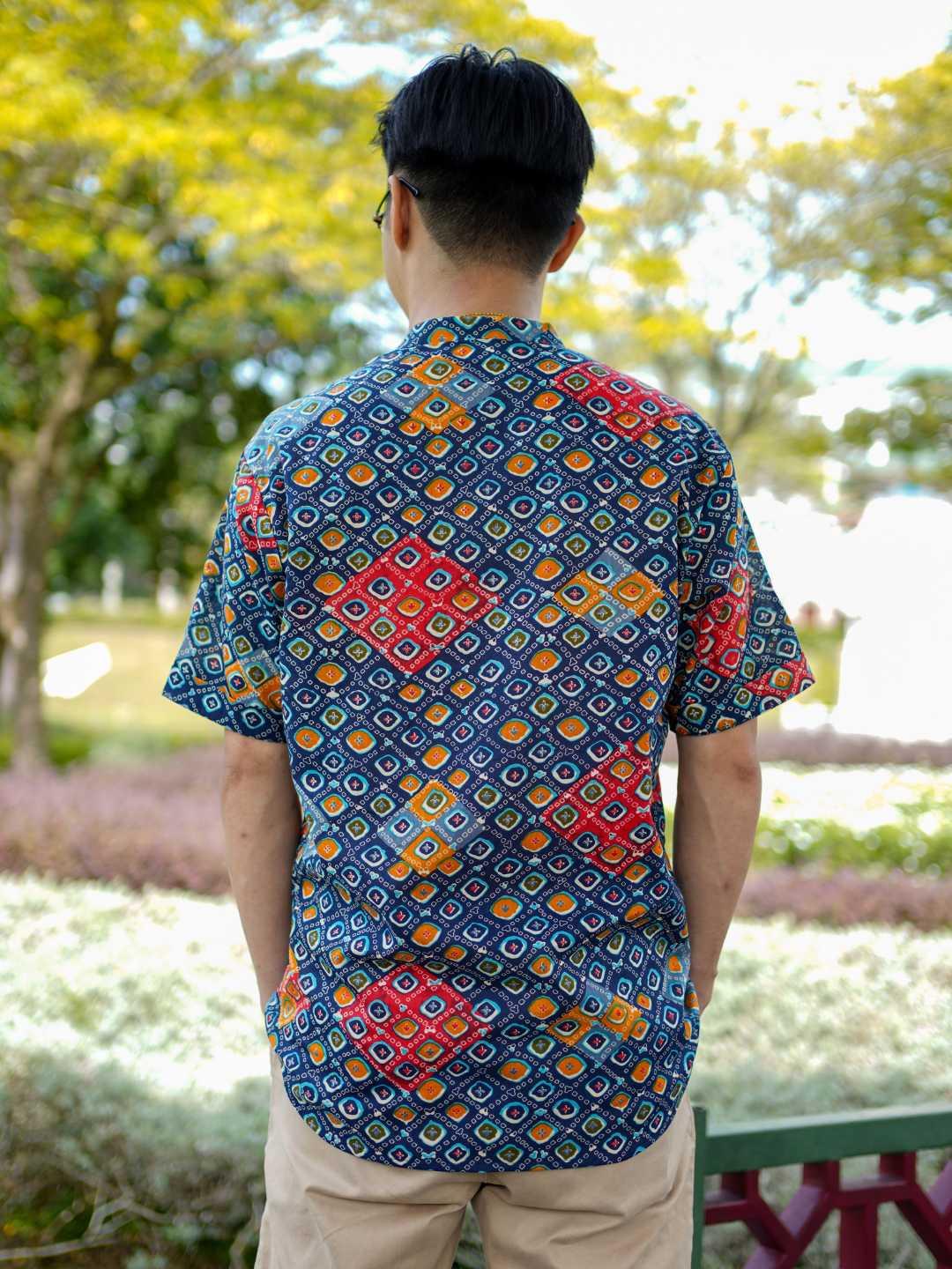 Jade Blue Men Mandarin Cotton Shirt