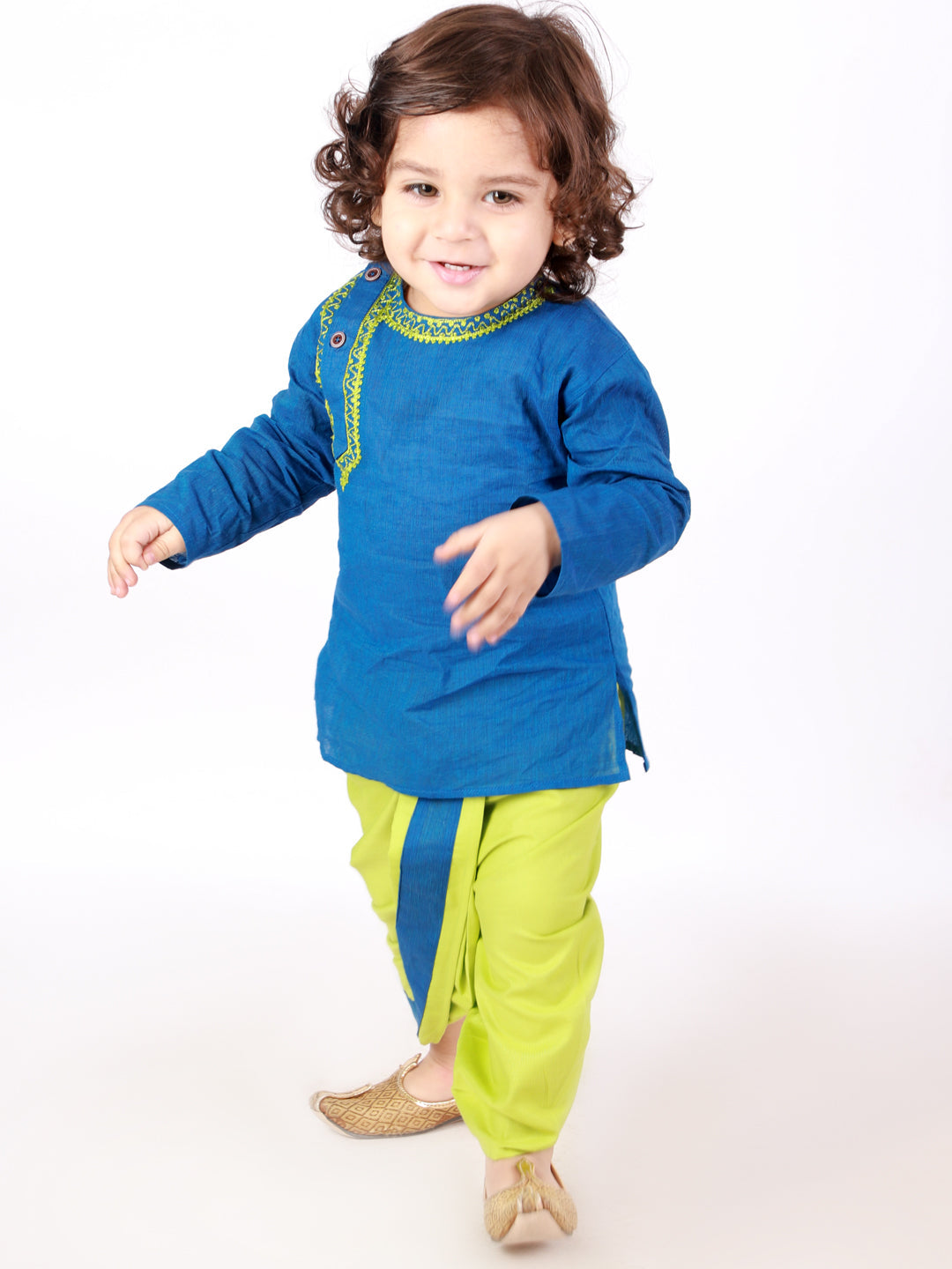 Embroidered Deep Blue & Green Kurta Dhoti - Nimbu Kids