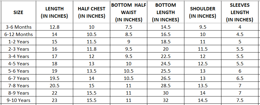 size chart Mundu set for boys - Maroon