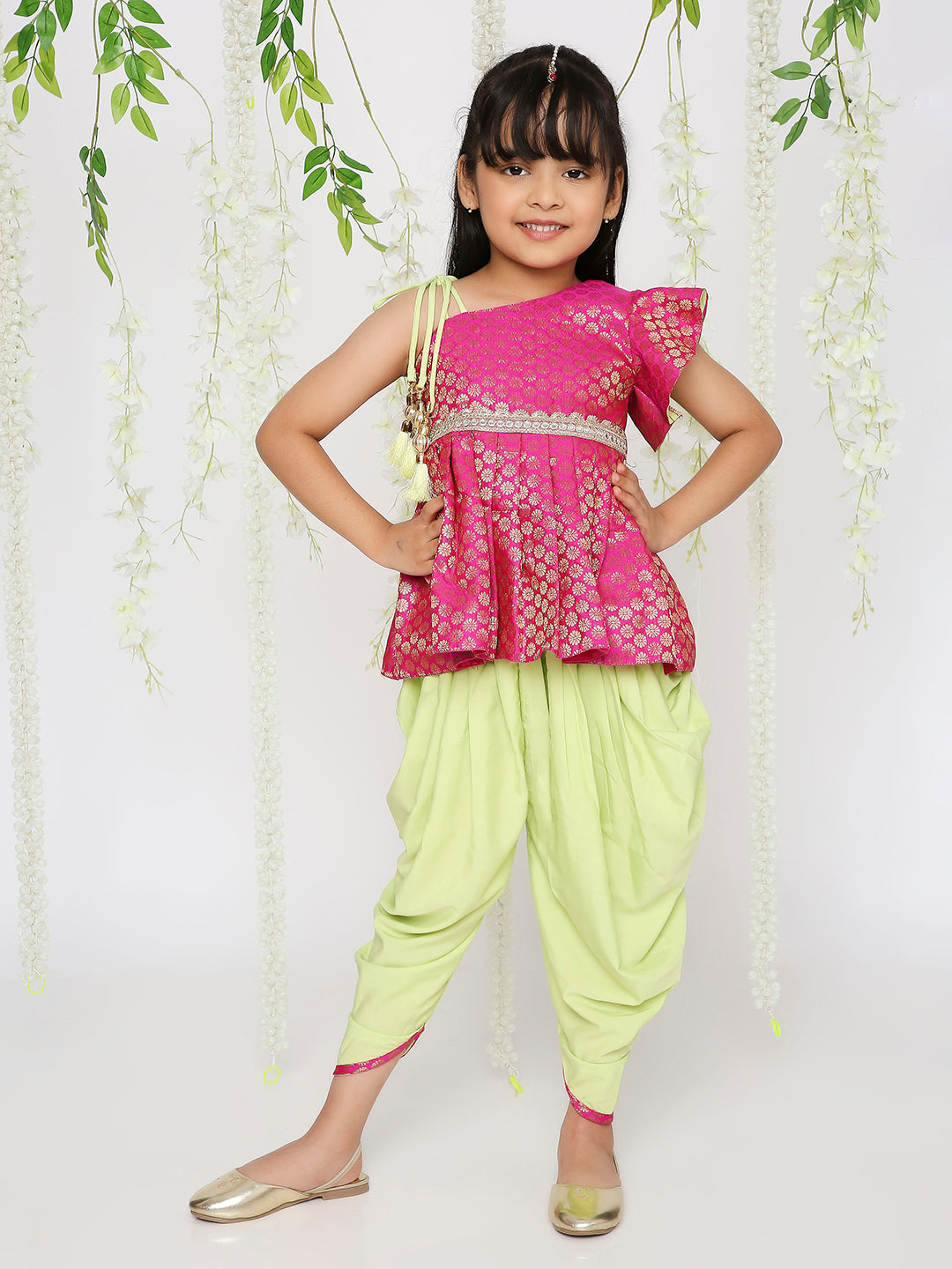 Sitara Pepulum top with dhoti in Lime for girls