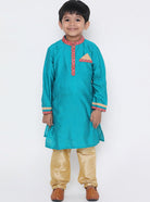 Kanha peacock blue silk kurta set for boys