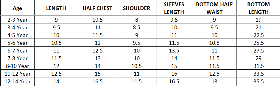 Size Chart Scarlet Top-Palazzo Set for Gilrs