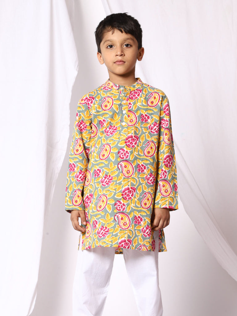 Floral Boys Cotton Kurta And Pajama - Yellow