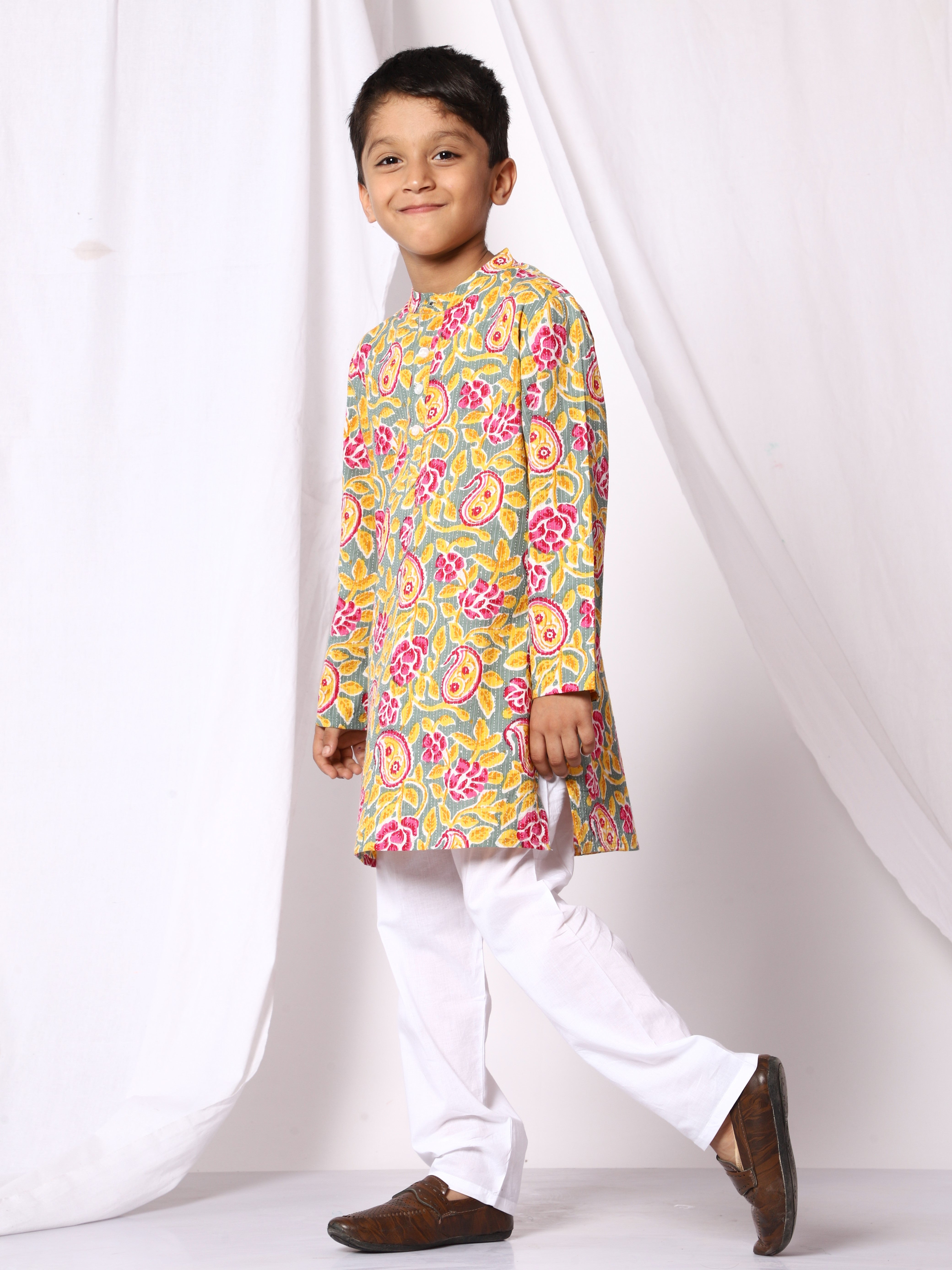 Floral Boys Cotton Kurta And Pajama - Yellow