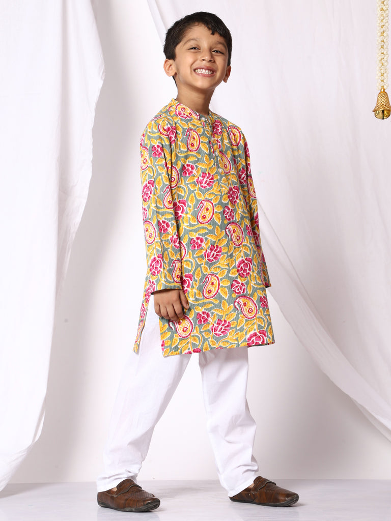 Floral Boys Cotton Kurta And Pajama - Yellow