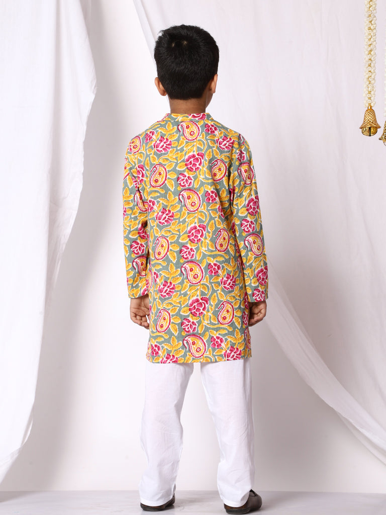 Floral Boys Cotton Kurta And Pajama - Yellow