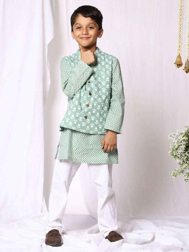 Ishq Boys Cotton Kurta Pajama With Jacket - Green