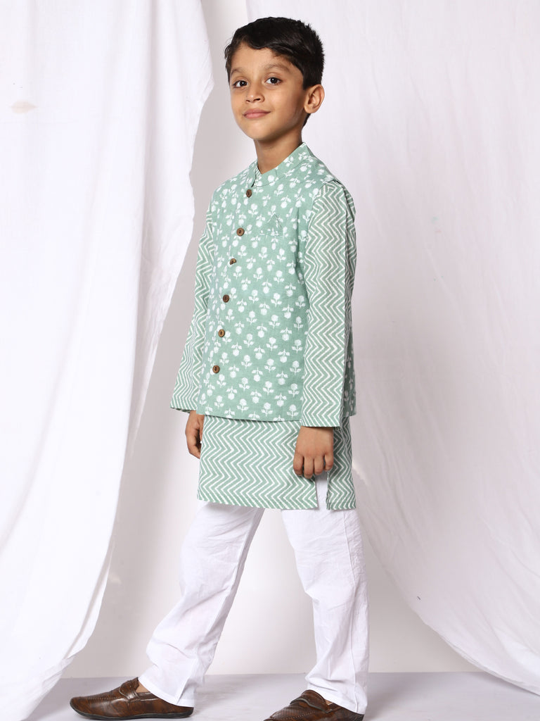 Ishq Boys Cotton Kurta Pajama With Jacket - Green