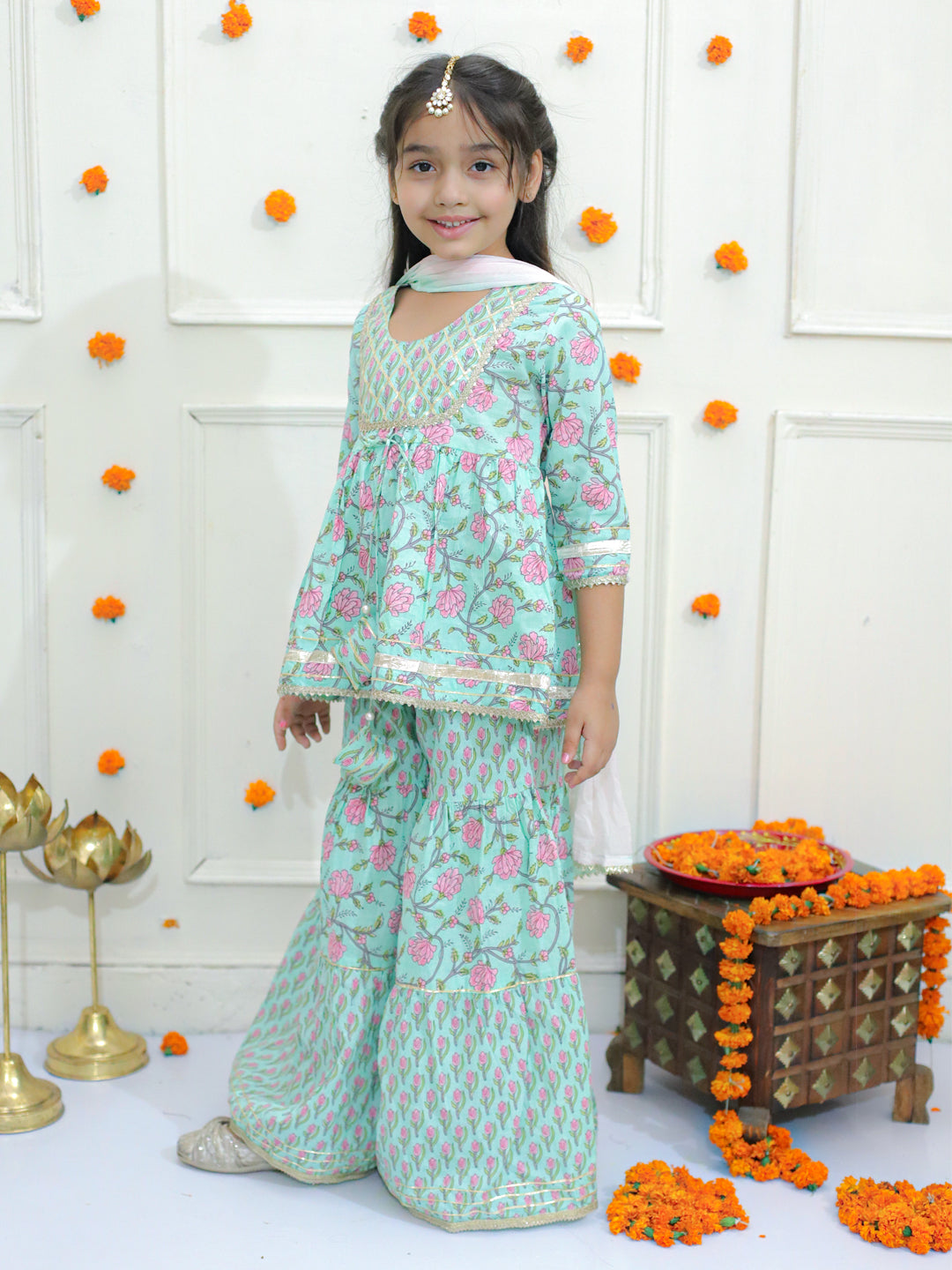 Saaj Girls Cotton Kurta Sharara With Dupatta - Green