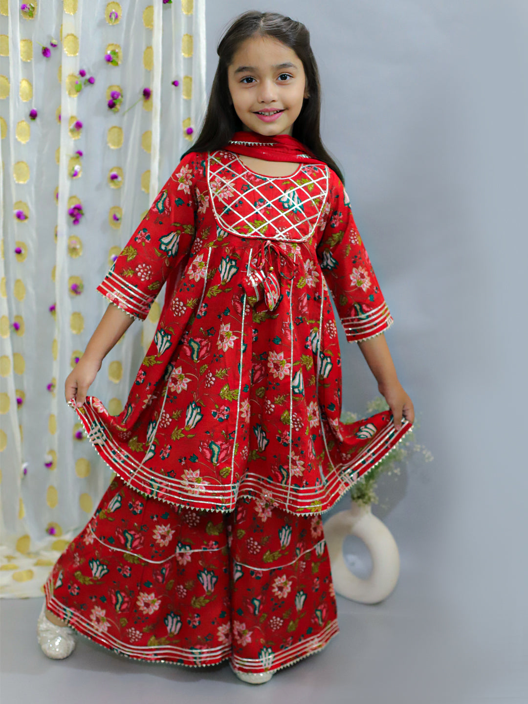 Saaj Girls Cotton Anarkali Sharara With Dupatta - Red