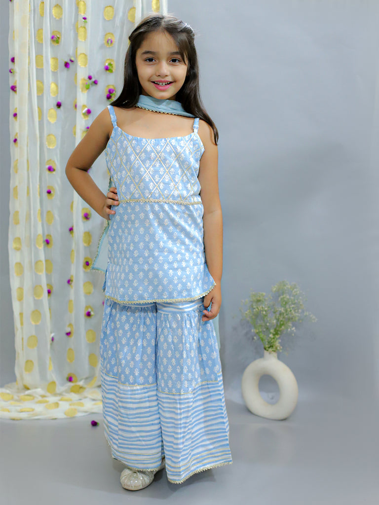 Cotton Cloud Girls Sleeveless Kurta Sharara with Dupatta - Blue