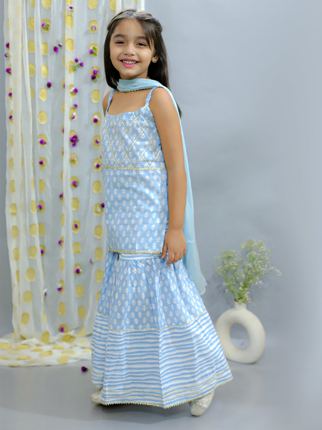 Cotton Cloud Girls Sleeveless Kurta Sharara with Dupatta - Blue