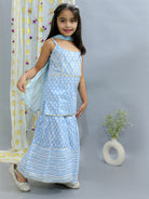 Cotton Cloud Girls Sleeveless Kurta Sharara with Dupatta - Blue