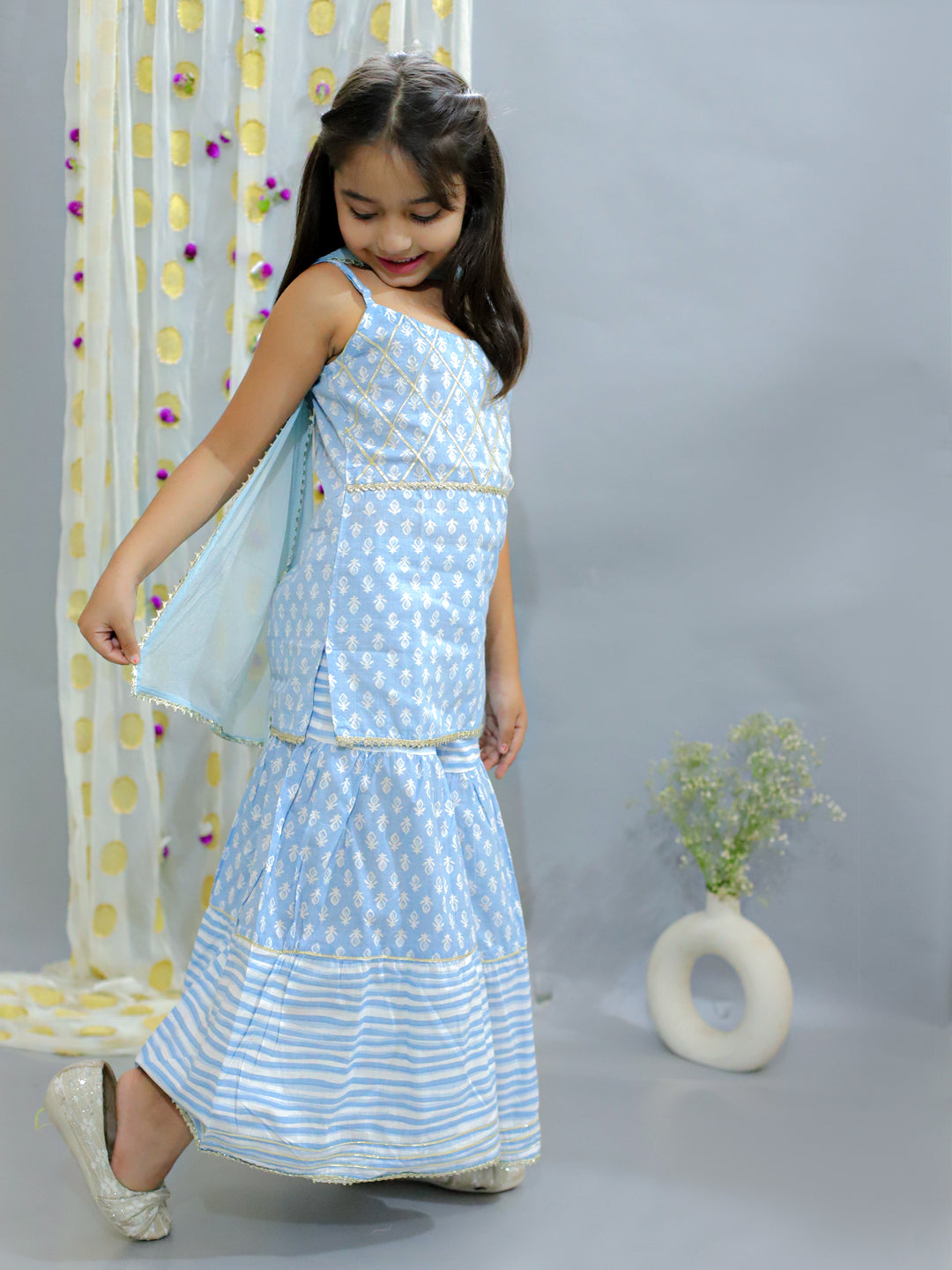 Cotton Cloud Girls Sleeveless Kurta Sharara with Dupatta - Blue