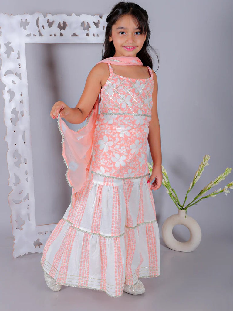 Ka-mee Girls Cotton Sleeveless Kurta Sharara with Dupatta - Peach 2