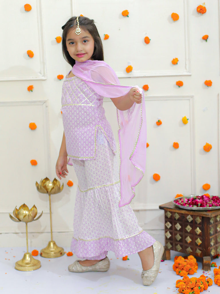 Sheena Girls Cotton Sleeveless Kurta Sharara with Dupatta - Purple