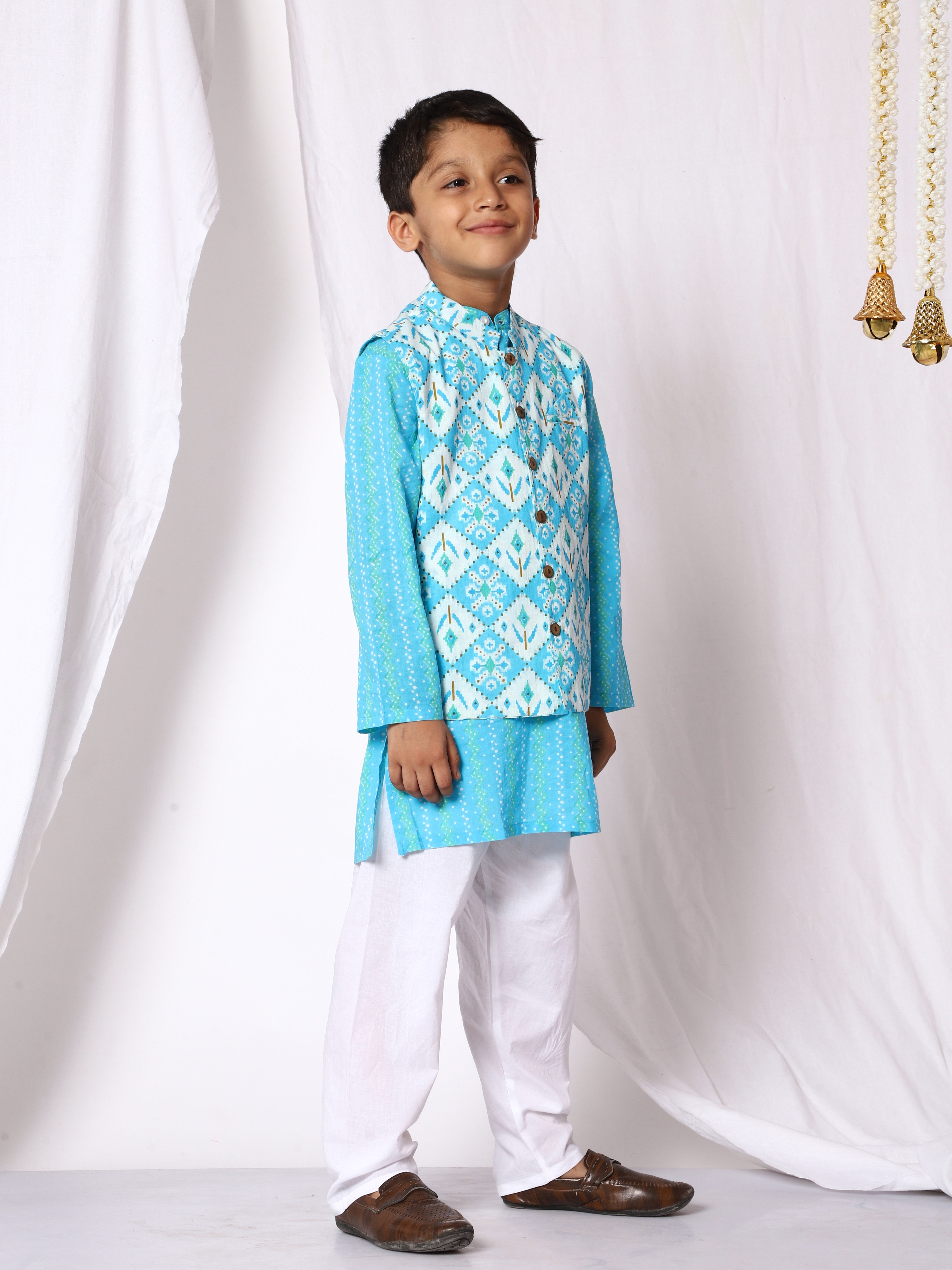 Ishq Boys Cotton Kurta Pajama With Jacket - Blue