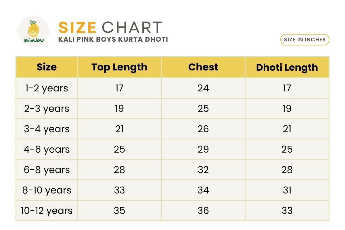 Size guide for Kali Pink Boys Handblock Printed Cotton Kurta Dhoti
