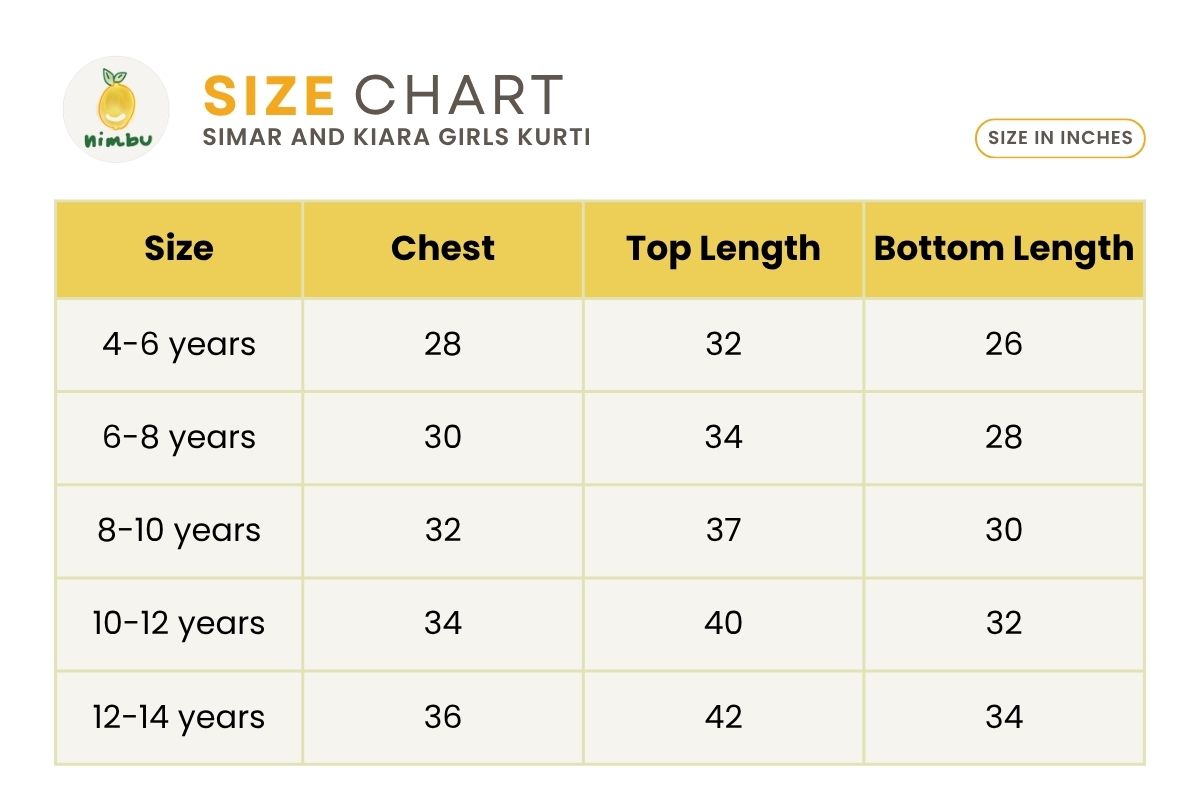 Size guide for Simar Girls Floral Kurta Pant with Dupatta Set in Pink