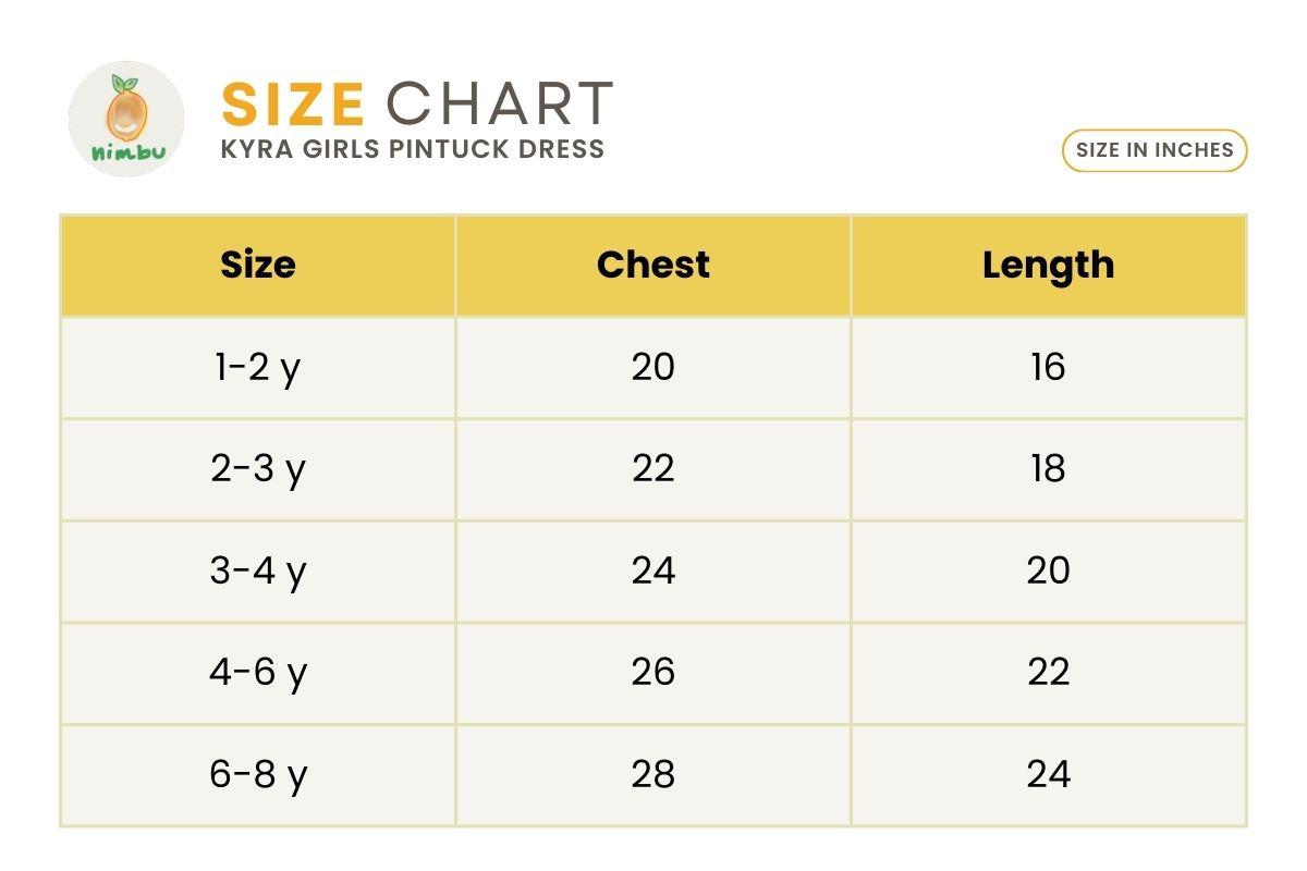Size guide for Kyra Girls Pintuck Dress in Forest Blue