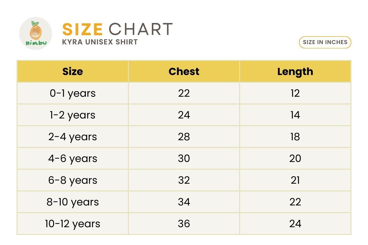 Size guide for Kyra Kids Unisex Cotton Shirt in Lime Green