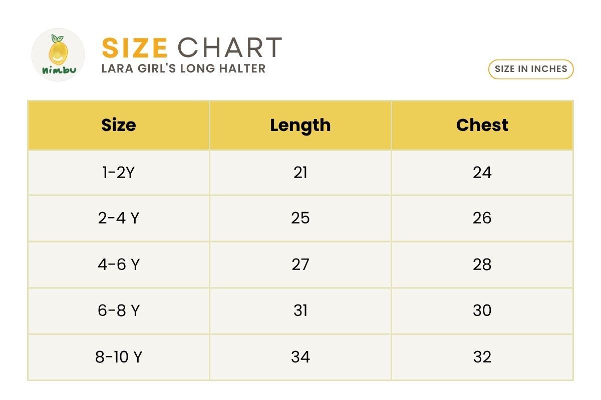 Size guide for Lara Cherry Red Girls Long Halter