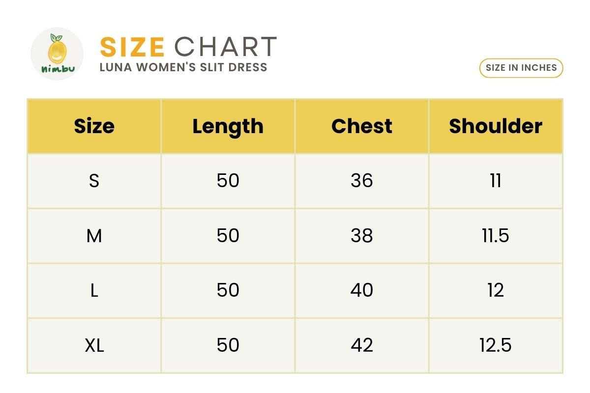 Size guide for Luna Slit Women's Dress in Blue Shells